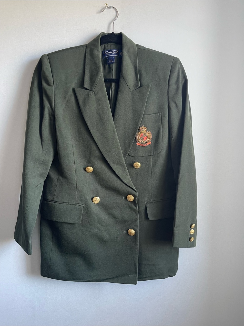 Charter Club Petites Women’s Olive Double-Breasted Crest Wool Blazer Size 4 P
